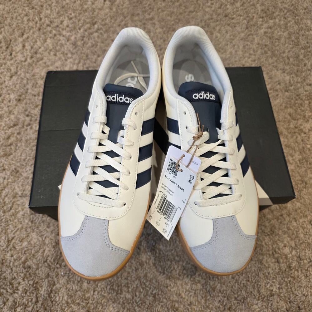 Adidas VL Court Base white faux leather and blue suede sneakers sz 8.5